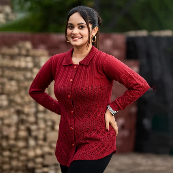 Elegant Maroon Winter Knit Hoodie for Women