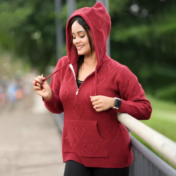 Elegant Maroon Winter Knit Hoodie for Women