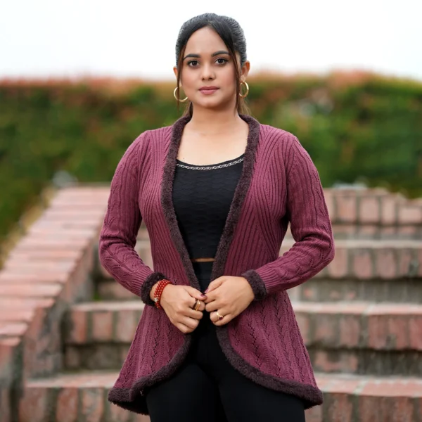 Elegant Wine Open Knit Cardigan for Women