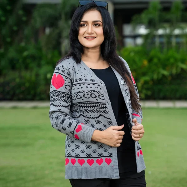 Grey & Red Patterned Knit Poncho