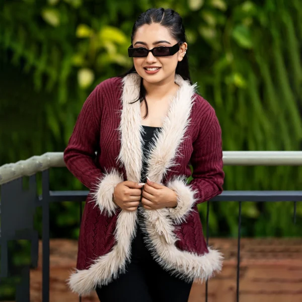 Luxury Wine Fur-Lined Open Knit Cardigan for Women