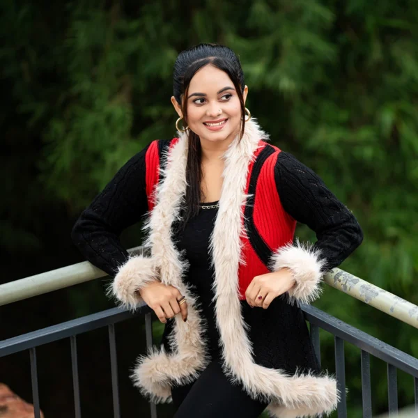 Premium Black & Red Fur-Lined Open Knit Cardigan for Women