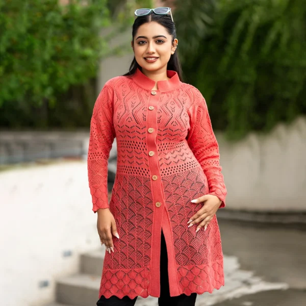 Stylish Coral Long Knitted Cardigan