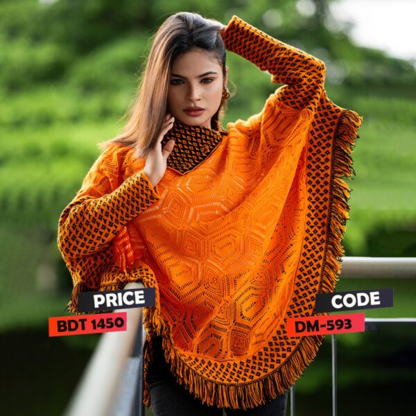 Premium Orange & Black Knit Poncho for Women