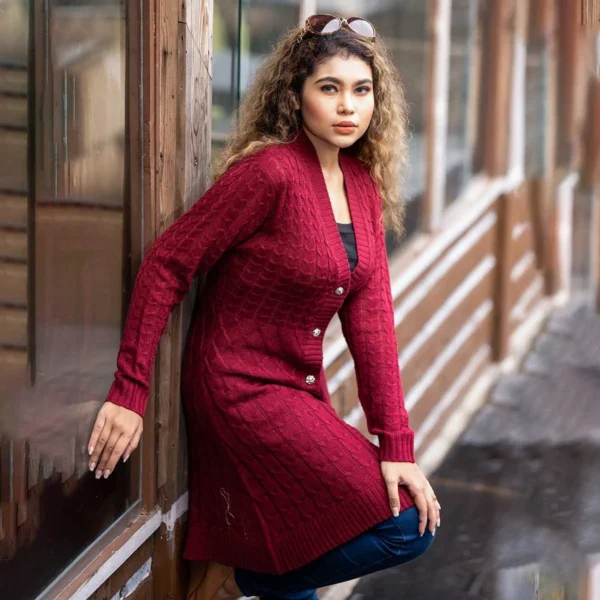 Women Long Maroon Knit Cardigan